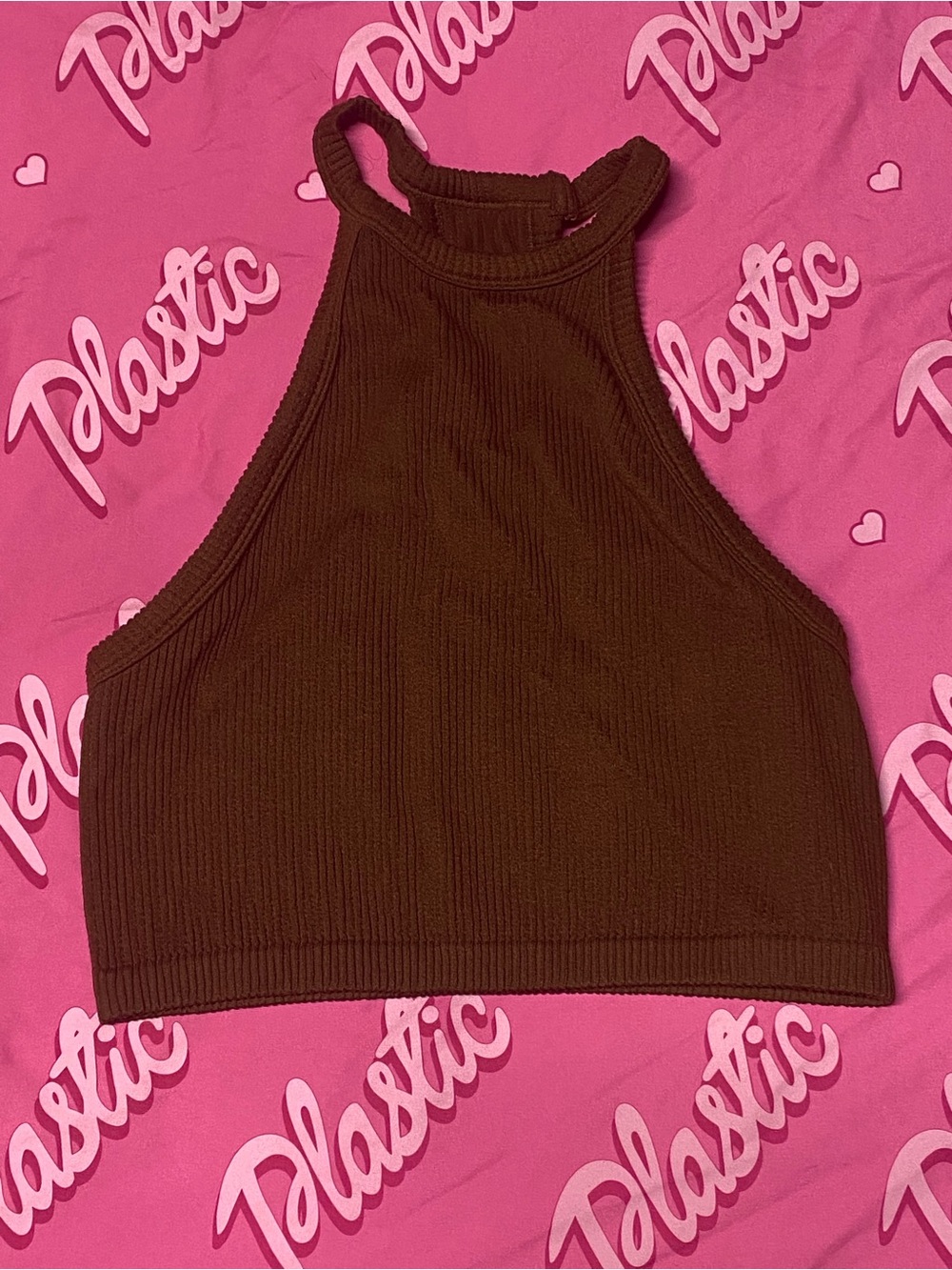EUC Forever 21 Pantone Brown Ribbed Crop Tank Top Halter Neck Stretchy Shirt